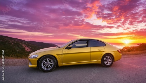 Cruising into Chrome Dreams A Sleek Yellow Car Against a Photorealistic Magenta Sunset