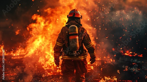 Rear view of a firefighter in full gear, standing heroically amidst a blazing inferno, photorealistic details in high contrast lighting, embers floating in the air, vibrant colors