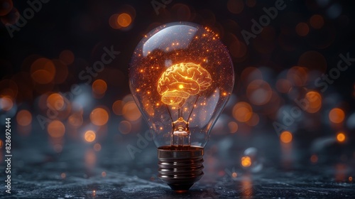 Conceptual representation of a sparkling brain inside a light bulb against a bokeh background
