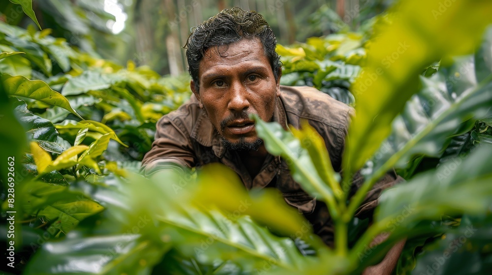 Intense coffee farmer closely examines the foliage in a vibrant green coffee farm