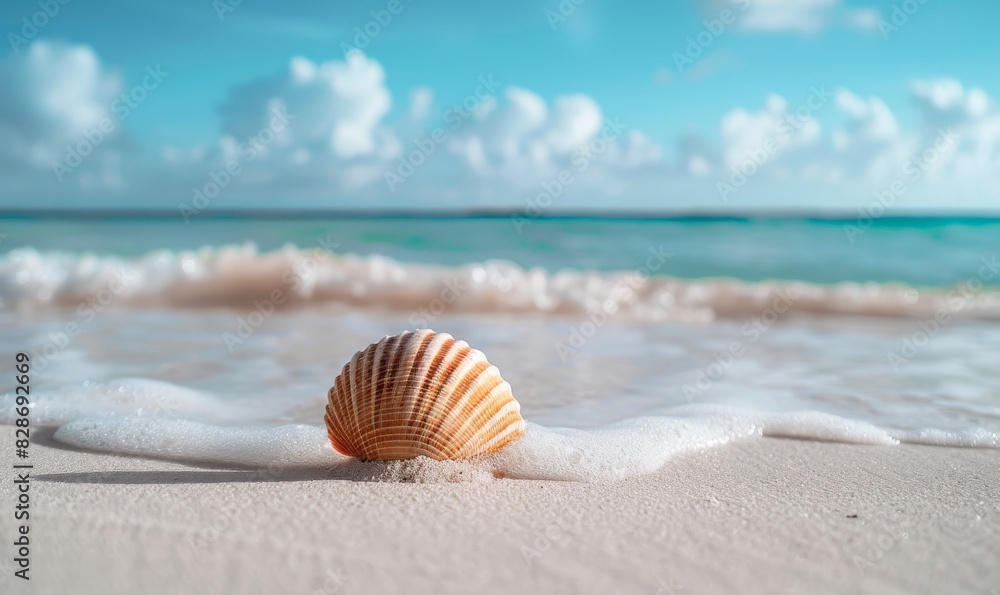 closeup of seashell on white sand beach closeup of seashell on white sand beach