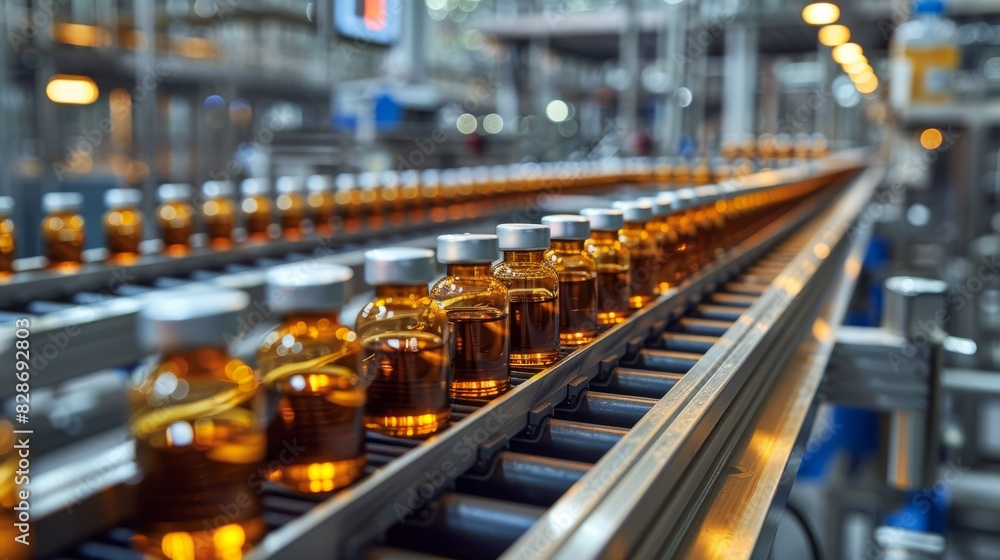 Multiple pharmaceutical amber glass bottles moving on a modern conveyor belt system in a factory
