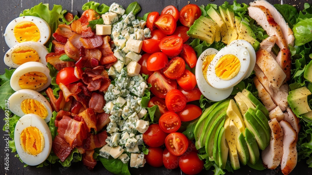 Close-up of rows of chopped tomatoes, crispy bacon, diced chicken, hard-boiled eggs, avocado slices, blue cheese, and mixed greens, drizzled with creamy dressing, isolated background, studio lighting Close-up of rows of chopped tomatoes, crispy bacon, diced chicken, hard-boiled eggs, avocado slices, blue cheese, and mixed greens, drizzled with creamy dressing, isolated background, studio lighting