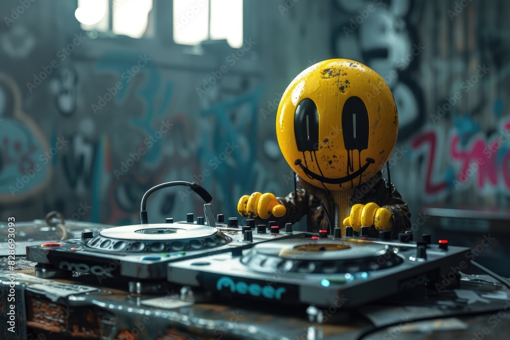 Diseño de personaje al estilo de animación 3D: un DJ tocando en su mesa de mezclas, con una cabeza sonriente amarilla con los ojos en forma de equis (X). La escena tiene un ambiente oscuro, urbano y t