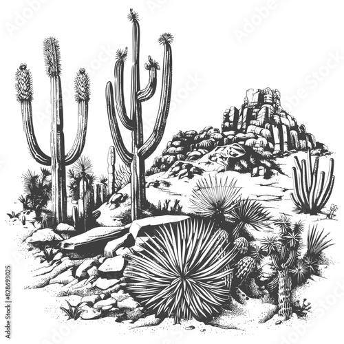 an oasis in the sonoran desert with engraving style