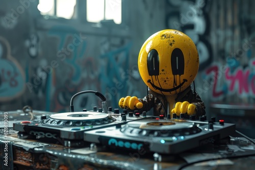 Diseño de personaje al estilo de animación 3D: un DJ tocando en su mesa de mezclas, con una cabeza sonriente amarilla con los ojos en forma de equis (X). La escena tiene un ambiente oscuro, urbano y t