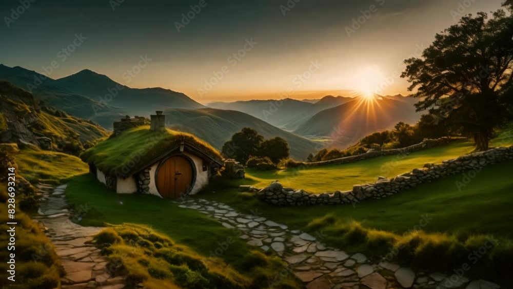Grass-covered hobbit house with a round door, stone path, and scenic mountainous landscape at sunrise Grass-covered hobbit house with a round door, stone path, and scenic mountainous landscape at sunrise