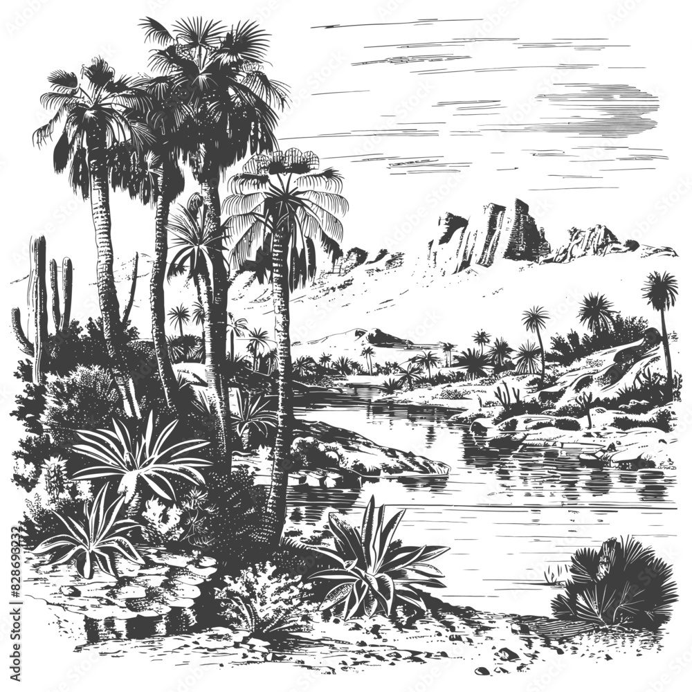 an oasis in the sonoran desert with old engraving style an oasis in the sonoran desert with old engraving style