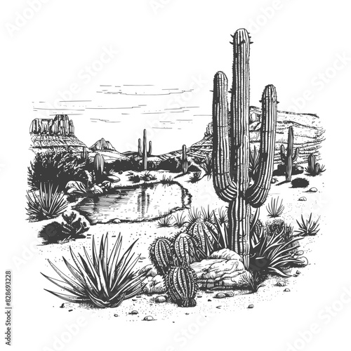 an oasis in the sonoran desert with old engraving style