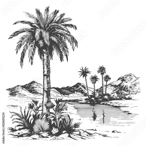 an oasis in the sonoran desert with old engraving style