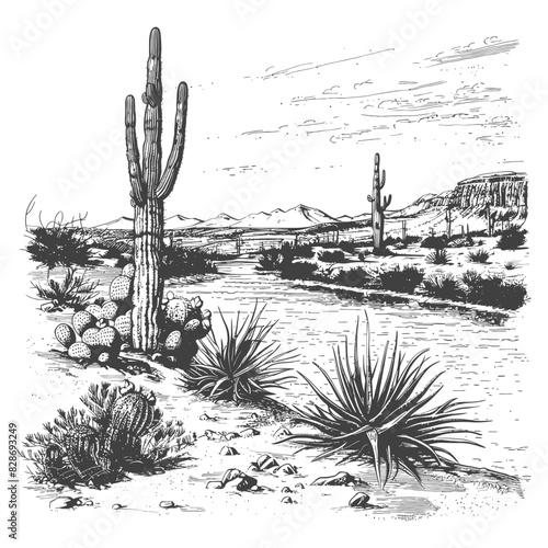 an oasis in the sonoran desert with old engraving style