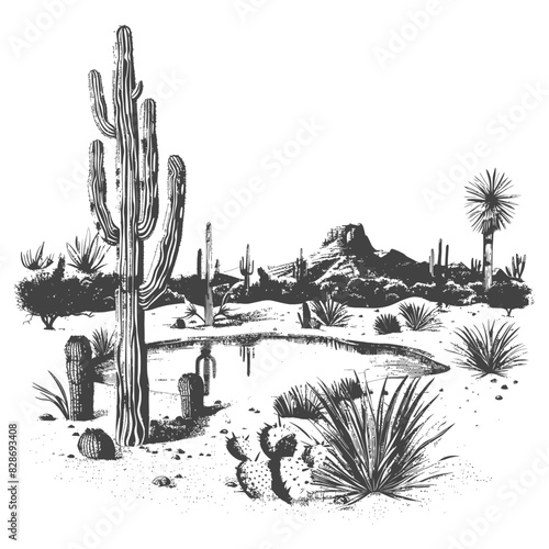 an oasis in the sonoran desert with old engraving style