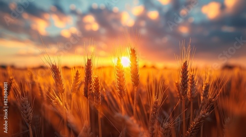 Captivating close-up of wheat ears against a dramatic sunset sky  highlighting the beauty of agriculture