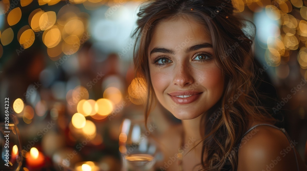 Warm portrait of a smiling brunette with a soft gaze, surrounded by ambient light and festive atmosphere