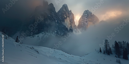 the Dolomites in winter, with snowcovered peaks and detailed rock formations