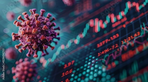 Close-up of virus cells against a background of stock market charts, representing the impact of pandemics on the economy and financial markets.