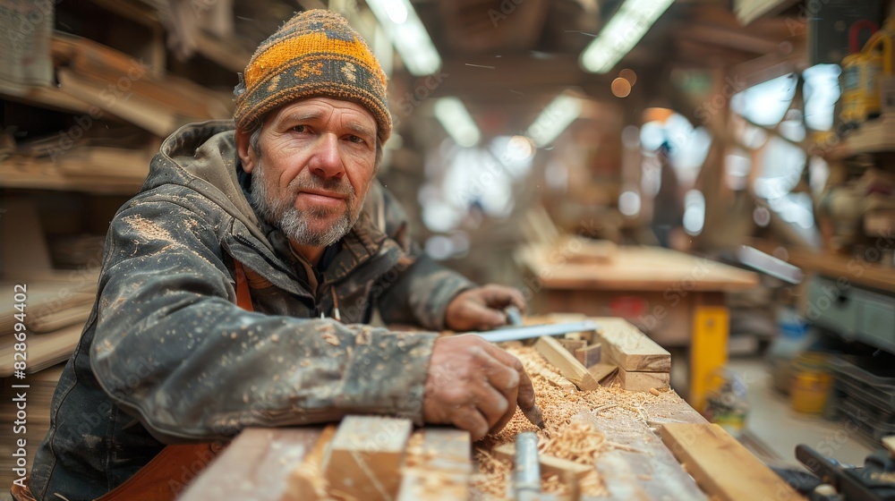 Seasoned woodworker in his workshop measuring wood with attention and precision in cold atmosphere