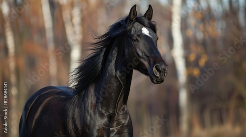 Stunning black horse with white marking on the forehead in a sprawling ranch Spanish breed