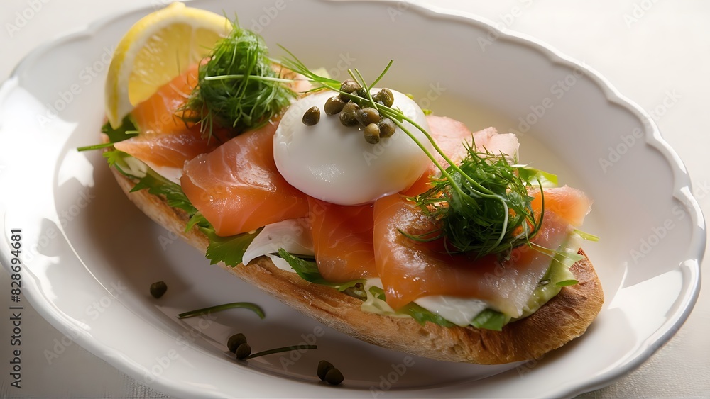 A delectable and beautifully composed food photography of a smørrebrød A delectable and beautifully composed food photography of a smørrebrød