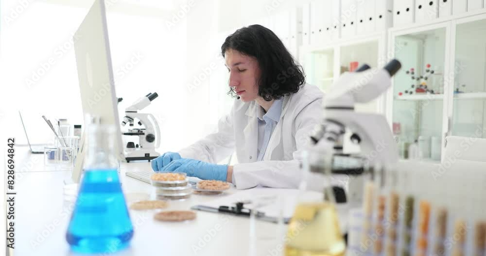 Professional scientist agronomist student works with eco grain products in research laboratory. Genetic engineer workplace and technology and science concept Professional scientist agronomist student works with eco grain products in research laboratory. Genetic engineer workplace and technology and science concept