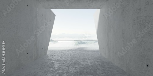 Abstract empty  modern concrete room with balcony opening to cloudy mountain view and rough floor - industrial interior background template