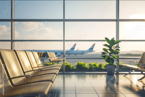 Airport waiting area in sunny day airplane background for travel and transportation concepts