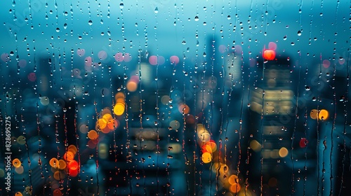 A very vivid shot of rain speeding down a skyscraper window depicts an out-of-focus cityscape with fuzzy luminaries blistering behind it and space, Generative AI. photo