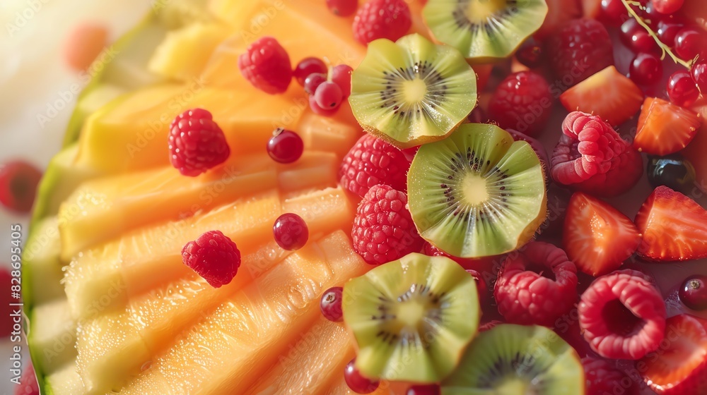 A close-up of a fruit platter with melon, kiwi, raspberries and red currants. A close-up of a fruit platter with melon, kiwi, raspberries and red currants.