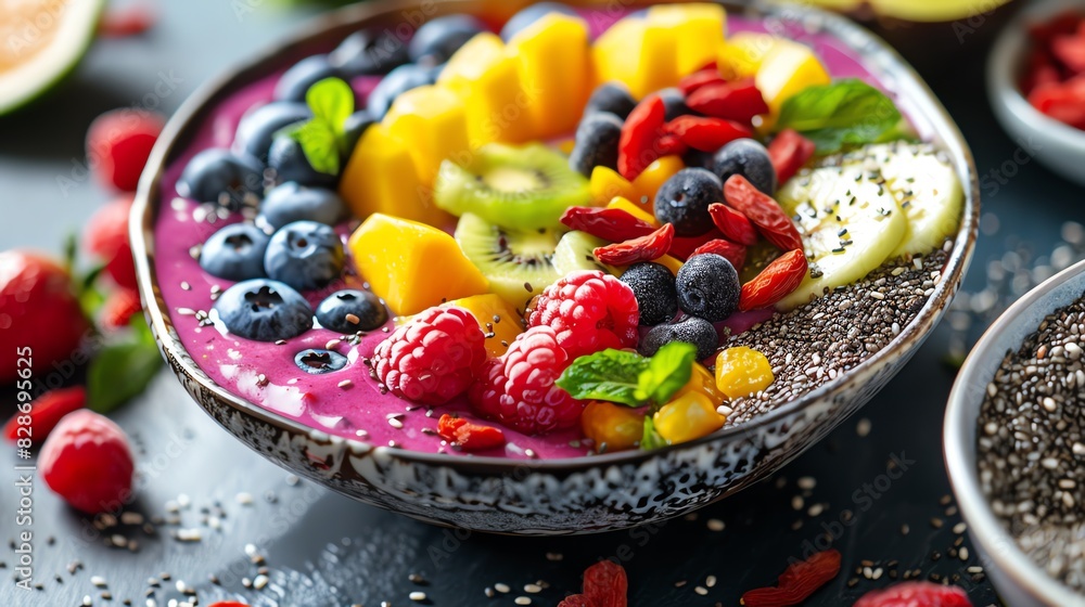 A colorful smoothie bowl topped with fresh fruit, berries, and chia seeds. A healthy and delicious breakfast option. A colorful smoothie bowl topped with fresh fruit, berries, and chia seeds. A healthy and delicious breakfast option.