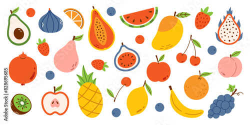 Vector fruit set in flat design. Cartoon fruits and berries elements. Collection of nature summer food. Exotic and tropical fruits. Dragon fruit, pomegranate, avocado, mango, papaya, watermelon.