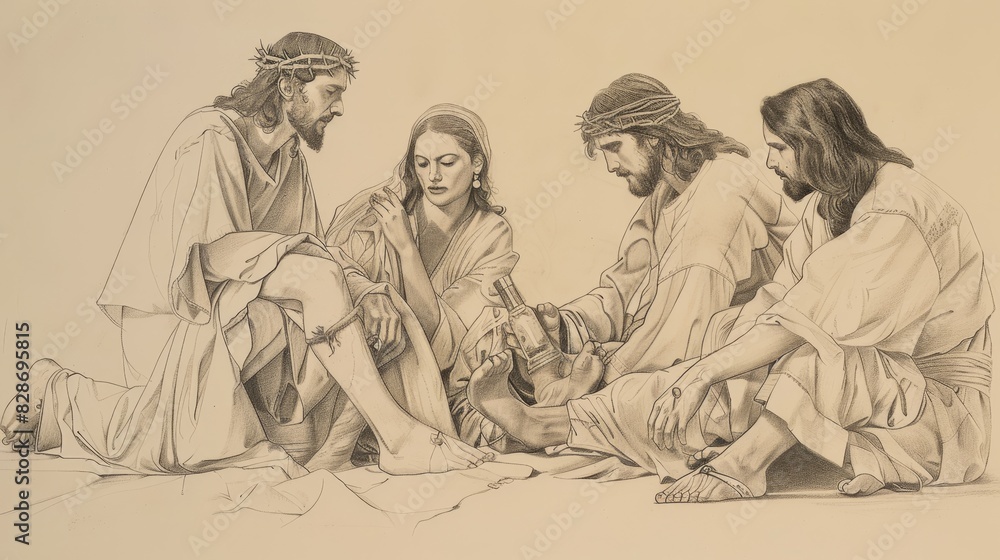 Obraz premium Mary of Bethany Anointing Jesus' Feet with Perfume, Judas Objecting, Biblical Illustration, Beige Background, Copyspace