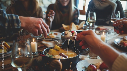 A group of friends enjoy a festive meal together, sharing a pot of fondue and laughter.