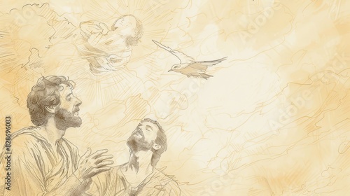 Wallpaper Mural Heavens Opening, Spirit Descending as Dove, Jesus' Baptism, John, Biblical Illustration, Beige Background, Copyspace Torontodigital.ca