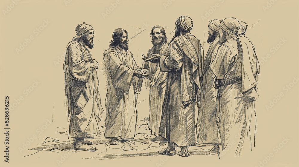 Fototapeta premium Parable of Unforgiving Servant, Jesus Teaching Forgiveness, Biblical Illustration, Beige Background, Copyspace