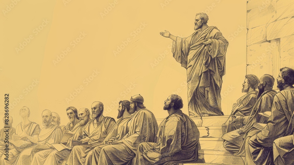Preaching on Mars Hill, Paul at Areopagus, Curious Athenians, Biblical Illustration, Beige Background, Copyspace Preaching on Mars Hill, Paul at Areopagus, Curious Athenians, Biblical Illustration, Beige Background, Copyspace