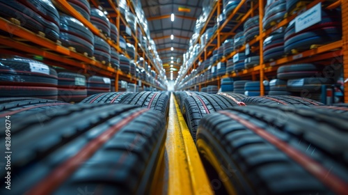 Crisp image of multiple rows of new tires stored on racks in a warehouse, showcasing the organization and industry photo