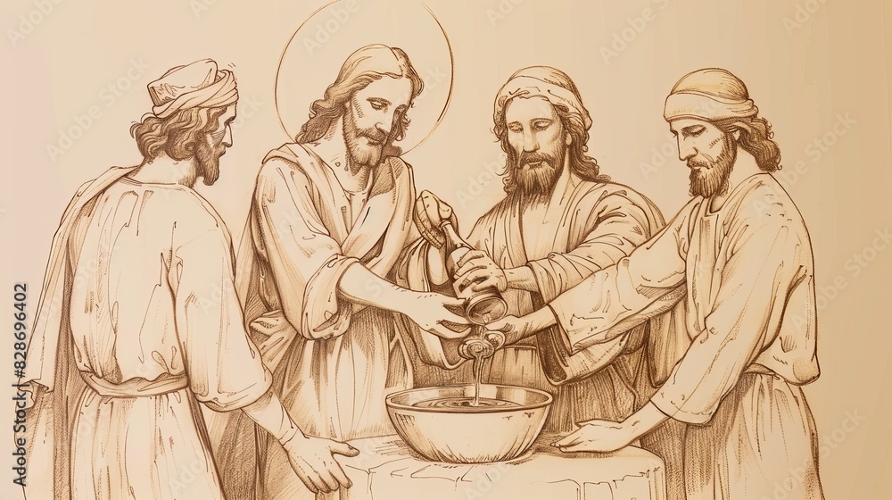 Naklejka premium Miraculous Water to Wine Transformation at Cana Wedding, Jesus and Servants, Biblical Illustration, Beige Background, Copyspace