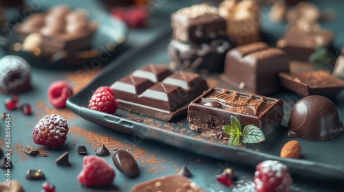 Assortment of delicious chocolate squares, truffles, and candies, decorated with raspberries and mint leaves.