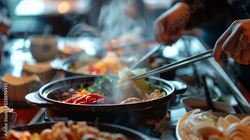 Close up of hands using chopsticks to cook food in a steaming hot pot.  A variety of fresh ingredients surround the pot. photo