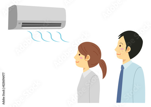 エアコンで涼む男性と女性のイラスト
