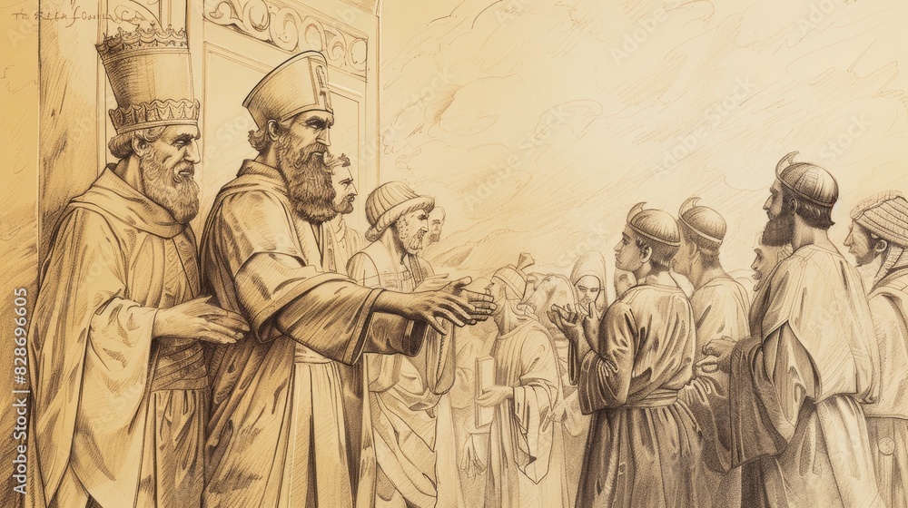 Fototapeta premium Anointing of Solomon as King by Zadok and Nathan, People Celebrate, Biblical Illustration, Beige Background, Copyspace