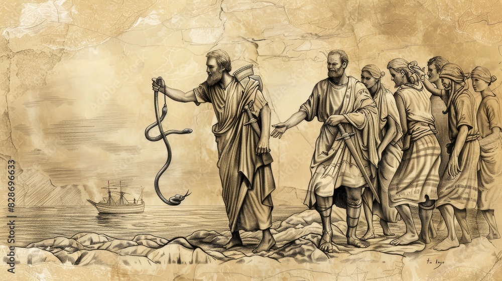 Fototapeta premium Paul's Shipwreck, Malta, Islanders Helping, Snake, Biblical Illustration, Beige Background, Copyspace