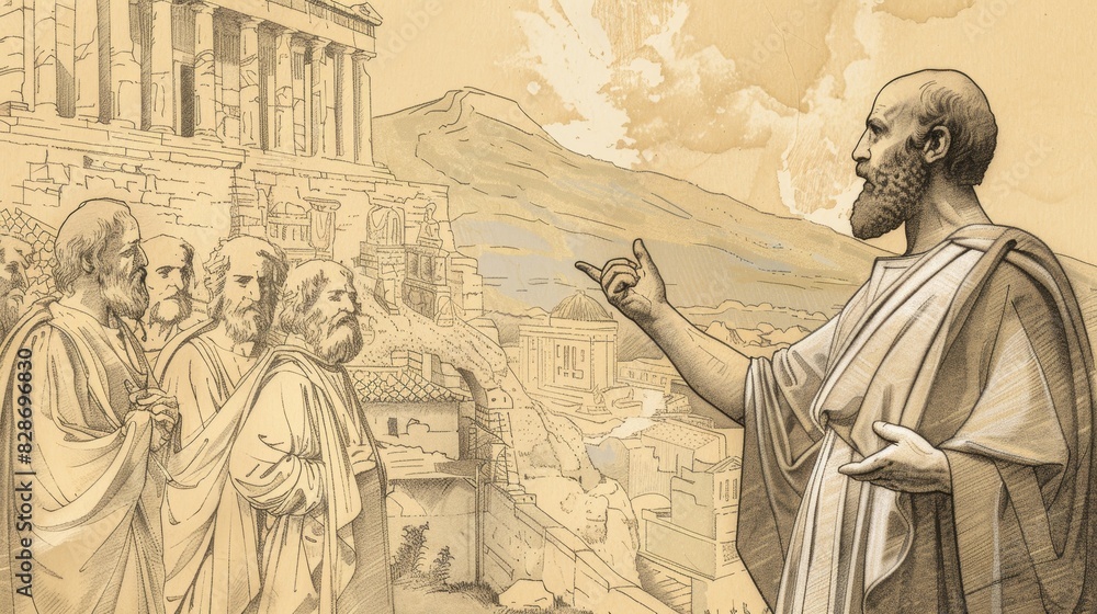 Fototapeta premium Paul Addressing Athenians at Mars Hill, Areopagus Listening, Biblical Illustration, Beige Background, Copyspace