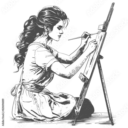 artist girl painting in action with engraving style