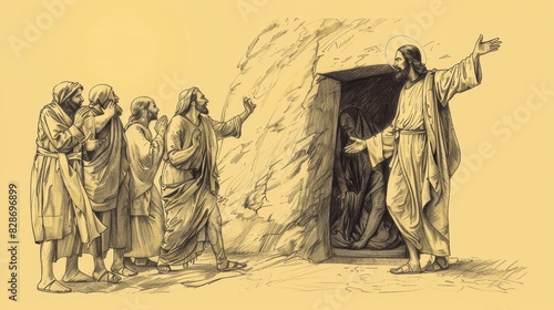Jesus Calling Lazarus Out of Tomb, Onlookers Gasping in Amazement, Biblical Illustration, Beige Background, Copyspace