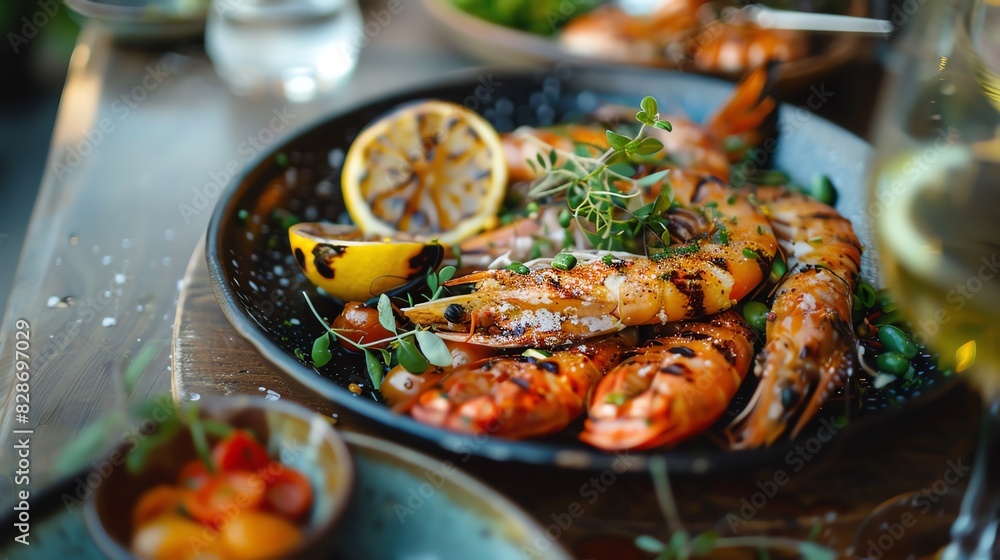Grilled shrimp with lemon and herbs served on a black plate with a side dish. A glass of wine is in the background. Grilled shrimp with lemon and herbs served on a black plate with a side dish. A glass of wine is in the background.