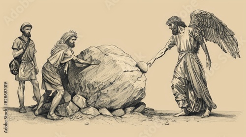 Easter Morning, Angel Rolling Stone from Jesus Tomb, Guards in Shock, Biblical Illustration, Beige Background, Copyspace