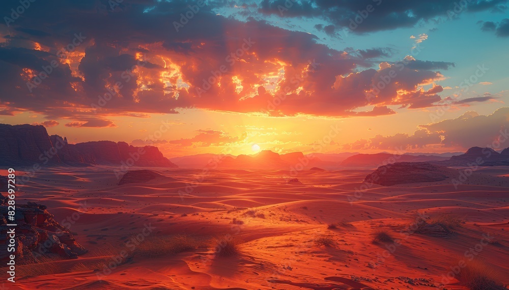 Majestic Desert Sunset Dramatic Lighting and Long Shadows on Sand Dunes Majestic Desert Sunset Dramatic Lighting and Long Shadows on Sand Dunes