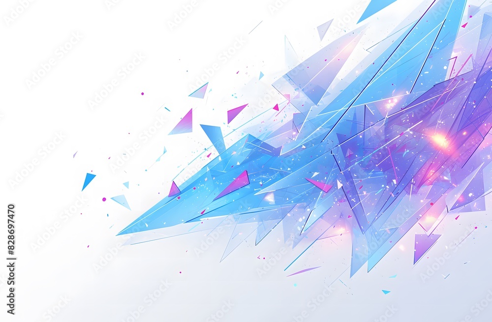 Fototapeta premium Abstract polygonal background with flying blue triangles and pink particles on a white backdrop