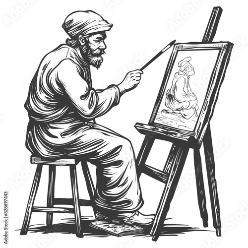 artist painting in action with old engraving style